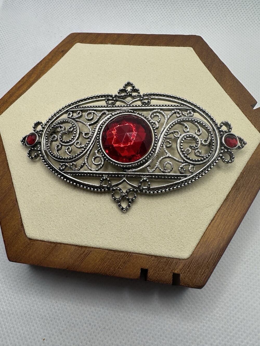 Victorian Style Brooch, Faceted Red Stones, Silver Tone Filigree Antique Pendant